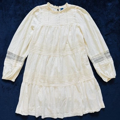 Old Navy Dress Women's Small Cream L/S Lace Boho Pintuck Prairie Babydoll Tiered - Image 1 of 4