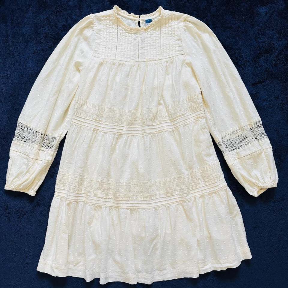 Antiguo Vestido Azul Marino Para Mujer Pequeño Crema L/S Encaje Boho Pintuck Pradera Babydoll En Niveles Foto 1 de 4