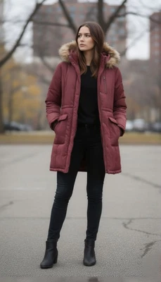 Women's Burgundy Parka M Faux Fur Hood Vegan Down 6 Pockets NWOT SALE - Image 1 of 4