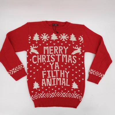 Boohoo Sweater Womens Teens 14 Red Merry Christmas Ya Filthy Animal Knit - Image 1 of 4