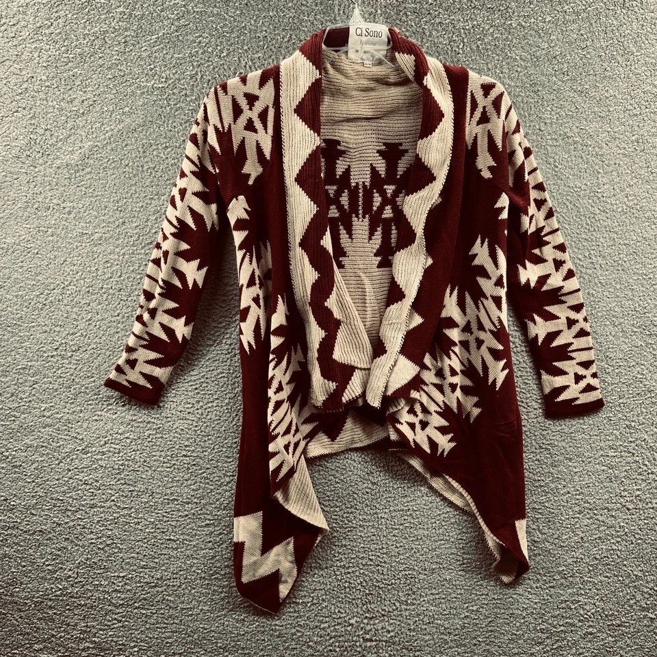 Womens Cardigan S M Burgundy Aztec Knit Open Front Waterfall Hem Boho Southwest - Image 1 of 4
