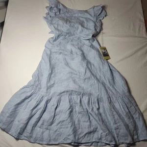 Neu mit Etikett Birds Of Paradis by Trovata L 100 % Leinen hellblaues Kleid - Bild 1 von 10