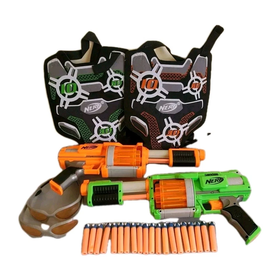 Nerf Fury Lot 2 Pistolets Vert Orange + 2 Gilets Lunettes 20 Fléchettes 10 Coups - Photo 1/4
