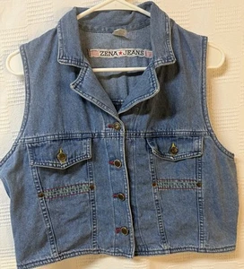 Vintage 1990s Y2K Zena Jeans Cropped Denim Vest Top Medium Wash Sz Large Western - Picture 1 of 9