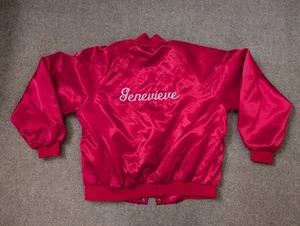 Vtg Hartwell Red Satin Bomber Jacket Snap USA Embroidered RV Club Genevieve Dave - Picture 1 of 8