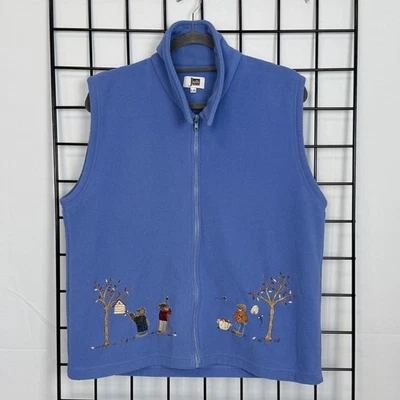 Fall Teddy Bear Embroidered Fleece Vest Womens L Large Blue Cottagecore Grandma - Image 1 of 4