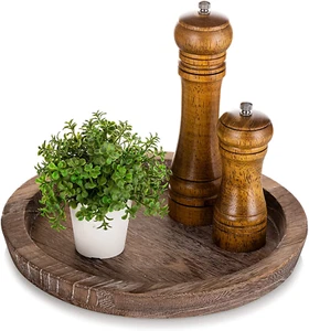 Rustic Wooden Serving Tray: round Wood Butler Decorative Tray Vintage Centerpiec - Picture 1 of 12