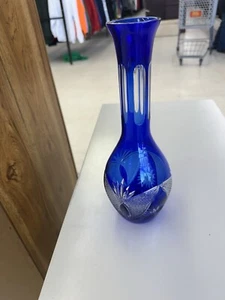 Vintage Bohemian Vase Decanter Cobalt Blue Cut to Clear Czech Glass 11 1/8” - Picture 1 of 4
