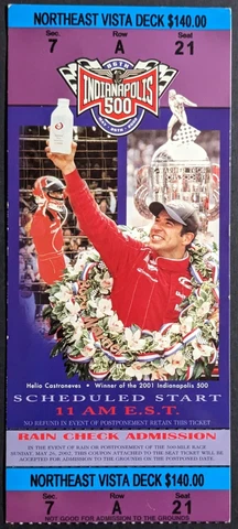 2002 Indy 500 Racing Full Ticket Helio Castroneves Indianapolis Motor Speedway Cover