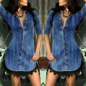 Venta Caliente Vestido Vaquera Jersey Cuello en V Manga Cinco Puntos Encaje Irregular - Imagen 1 de 3
