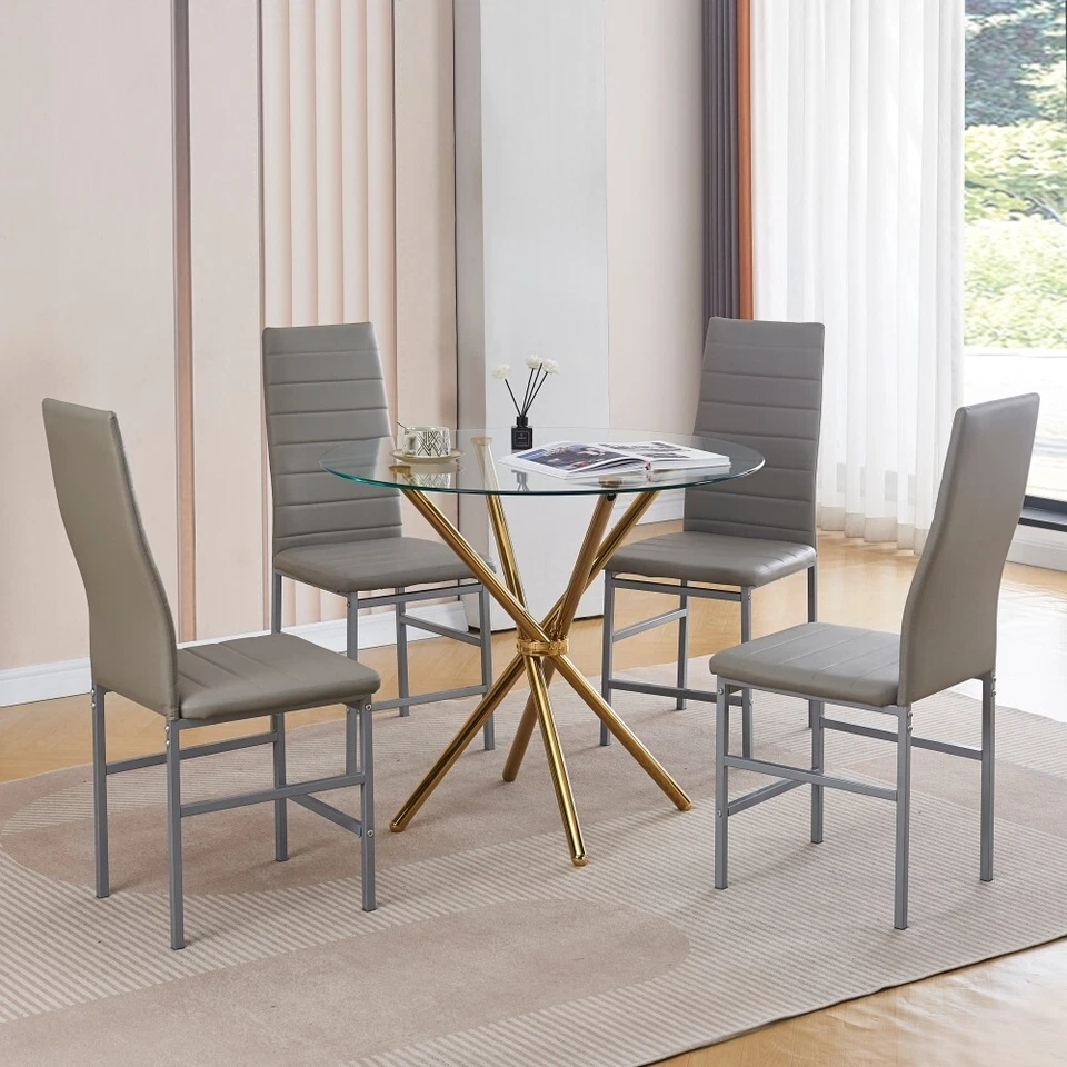 4x Grey Faux Leather Dining Chairs&Round Tempered Glass Golden Legs Dining Table - Image 1 of 4