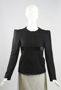 MAJE Black Wool Blend Bordeaux Plum Hair Calf Fur Trim Fitted Blazer Jacket 36 - Picture 1 of 12