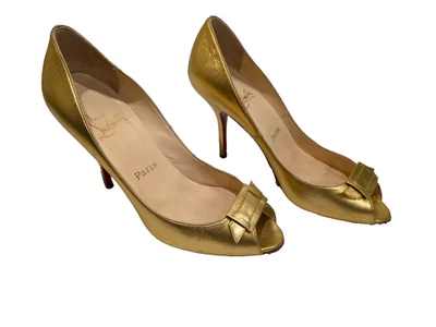Christian Louboutin Gold Leather Maria 100 Peep Toe Pumps - Size 39 - Image 1 of 4