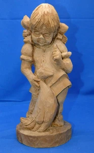 Vintage Handmade Wooden Statue Figure Girl with Duck Bird Artist Signed Germany - Picture 1 of 7