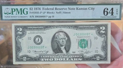 1976 $2 Federal Reserve Note, STAR Note Fr#1935-J PMG 64 EPQ S/N J00300097* - Image 1 of 2