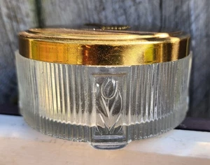 Vintage Art Deco Dresser Vanity Powder Jar Flower Ribbed Golden Top Glass 3.5 In - Picture 1 of 6