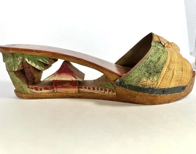 Vintage WW2 1940s Wood & Canvas Hand Carved Tiki Hut Heel Shoes - Image 1 of 4
