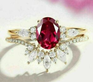 2Ct Oval Cut Simulated Red Ruby Bridal Set Engagement Ring 14K Yellow Gold Over