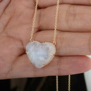Natural Heart Cut Rainbow Moonstone Gemstone 14K Solid Yellow Gold Gold Necklace