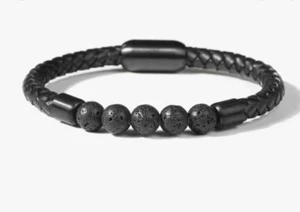 Herren Armband Schwarz Naturstein Perlen . Leder Edelstahl Magnetverschluss Neu - Bild 1 von 1