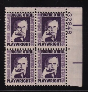 1967 $1 EUGENE O'NEILL Sc 1294a MNH tagged, shiny gum plate block (B - Picture 1 of 1