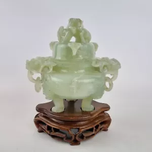 Vintage Chinese Carved Jade Tripod Censer With Dragon Decoration - Picture 1 of 21