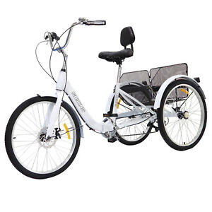 24" Tricycle Adult Folding Cruiser Bike Cycling 7 Speed W/ Carrying Basket White