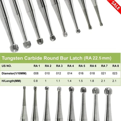 8 Types Dental Round Carbide Burs For Slow Speed Contra Angle Latch Type RA #1-8 - Image 1 of 4