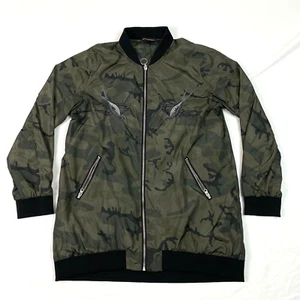 Rock & Republic Bomber Jacket Large Green Camo Embroidered Birds full zip cuffs - Picture 1 of 18