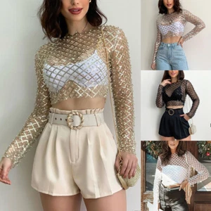 Summer Shirts Women Sequins & Beaded Long Sleeve Crop Top Tee See Through Blouse - Picture 1 of 27