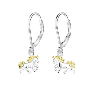 Sterling Silver .925 + 14k Gold Horse Equestrian Pony Lever Back Earrings - Picture 1 of 2