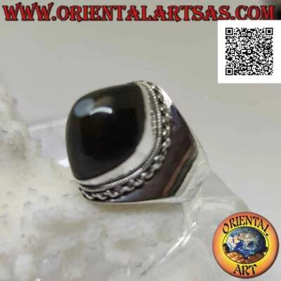 Anello in Argento 925‰ agata occhio di Shiva nero a navetta e bordo a catena su  - Immagine 1 di 4