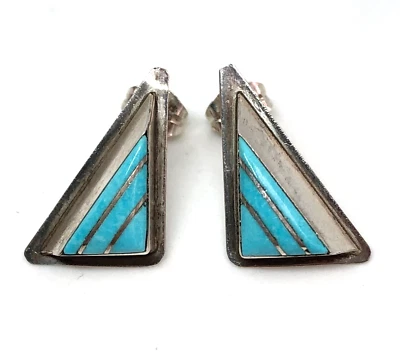 RWaj Sterling Silver 925  Turquoise Inlay Triangle Hoop Earrings Vintage - Image 1 of 4