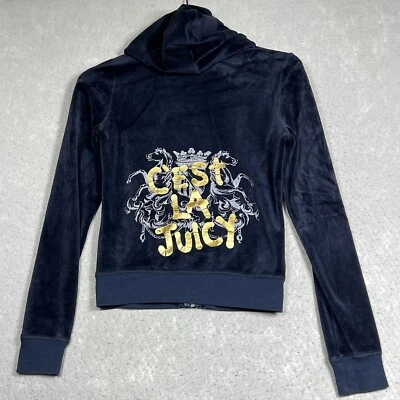 Vtg Juicy Couture Sweatshirt Size Medium Blue Velour Full Zip Track Hoodie USA - Image 1 of 4
