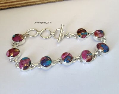 Pink Oyster Copper Turquoise Gemstone 925 Sterling Silver Bracelet MO5121 - Image 1 of 4