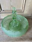 Vintage Art Deco Frosted Green Glass Fruit Bowl With Baked Last Figurine 