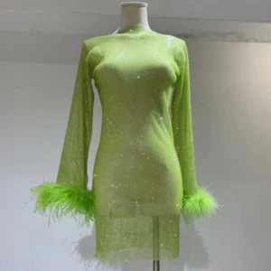 Damen Glitzer Strass Kristall Kleid Feder Manschette Schier Netz Party Clubwear - Bild 1 von 31