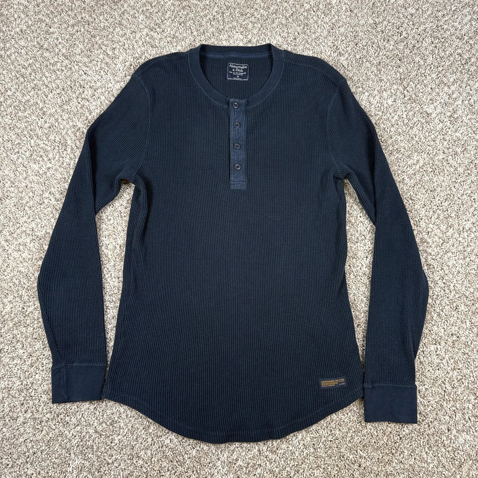 Camisa Abercrombie & Fitch Henley Para Hombre Manga Media Larga Azul Marino Waffle Térmica Y2K Foto 1 de 4