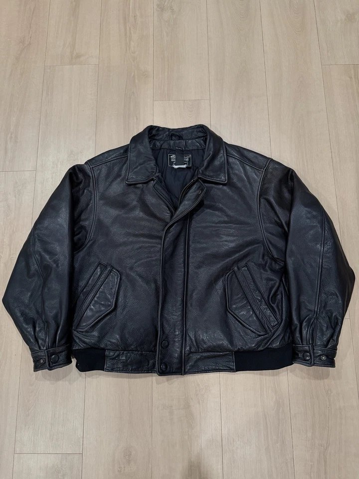vintage EDDIE BAUER bomber jacket XL black leather GOOSE DOWN motorcycle - Image 1 of 4