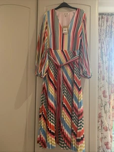 Boden Multicolored Stripe Dress Pleat Skirt V Neck Long Sleeve BNWT Sz 14 - Picture 1 of 14