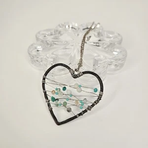 Rustic Turquoise & White Colored Beaded Metal Heart Pendant W/ Long Chain - Picture 1 of 6