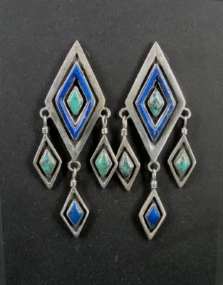 Pendientes Esterlina Diamante Forma Turquesa Azul Lapislázuli Plata 925 Cuelga Firmado Q Foto 1 de 4