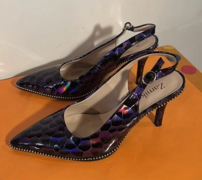 "Tacones de aguja hexagonales morados de 3,75"" bordes de cuentas usados en excelente estado talla 9 originales $59" Foto 1 de 4