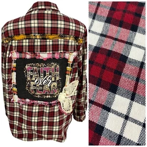Christian Flannel Shirt Womens XL Faith Religious Grunge Camp Country Upcycled - Picture 1 of 15