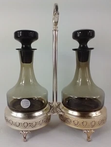 MCM Glass Oil and Vinegar Decanters with Caddy Smoke Handmade 9 in high - Picture 1 of 7
