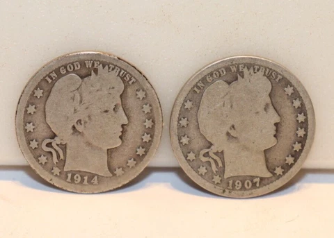 1907 O 1914 D US Barber Silver Quarters 25c g/ag Cover