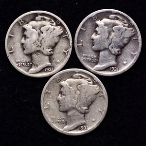 1931 P D S (3 PIECE LOT) Mercury Silver Dime AG / ABOUT GOOD FREE SHIPPING  - Picture 1 of 2