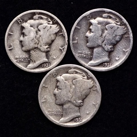 1931 P D S (3 PIECE LOT) Mercury Silver Dime AG / ABOUT GOOD FREE SHIPPING Cover