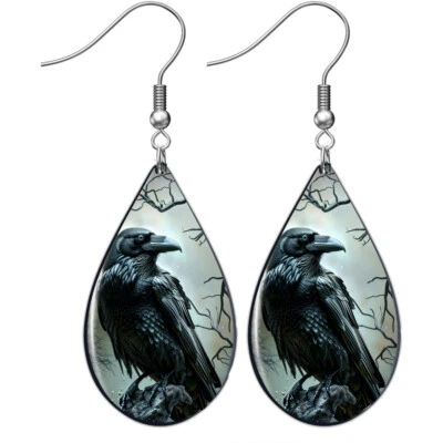 Raven Teardrop Earrings Black Bird Crow Sterling Silver Dangle Raven Lover Gift - Image 1 of 4