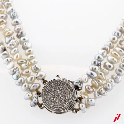 Collar de Perlas 3 Hebras Agua Dulce Barockperlen Cierre 18K Oro Diamantes 40CM - Imagen 1 de 2